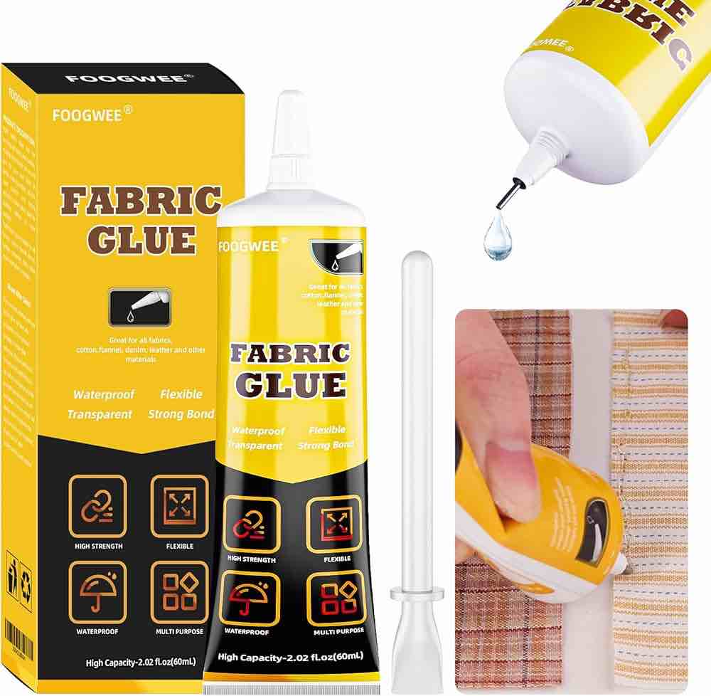 FOOGWEE Fabric Glue - 60ml Permanent Washable, Liquid Glue for All Leather, Fabrics, Denim, Flannel, Cotton, Doll, Polyester Repair