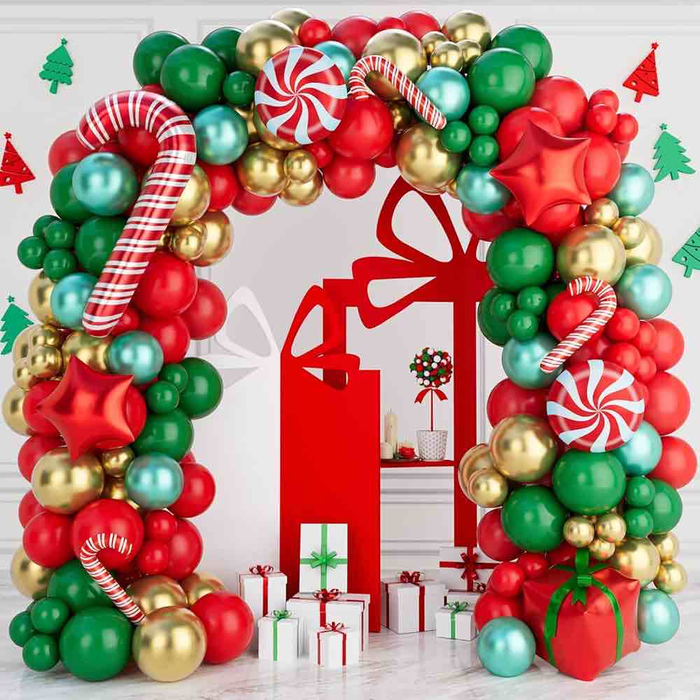 Christmas Balloon Garland Arch Kit - Red, Green, Gold Arch with Candy Balloons for Xmas Party Decorations
