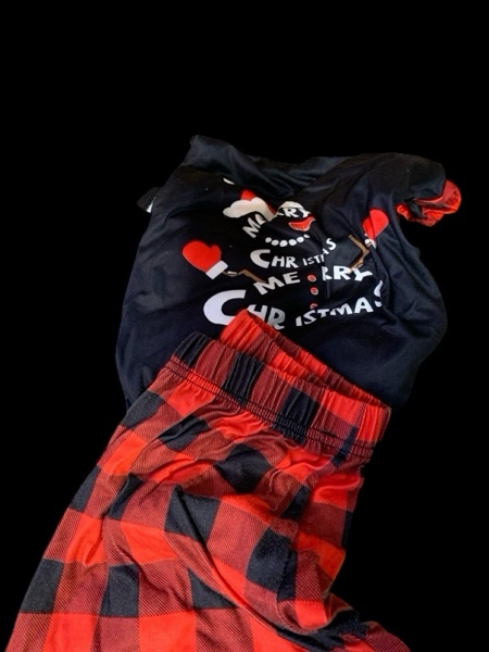 Merry Christmas Printed 2 Piece Sleepwear Pajamas (Black Top and Red Plaid, Medium Size)