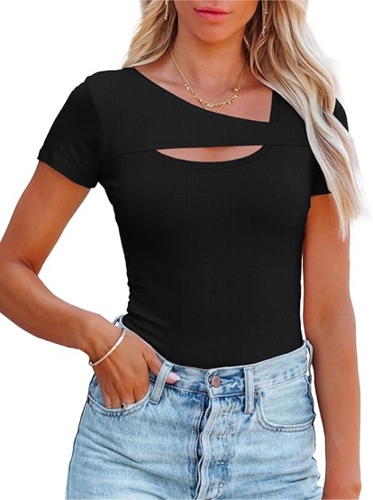 (Grey, X-Large) Areecin Women's Fashion Clothes One Piece Cutout Tops Short Sleeve Ribbed Knit Slim Fitted Shirts Tee Tshirts