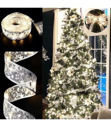 Ouddy Life 32ft Christmas Ribbon Fairy Lights, 100 LED Lights Silver Ribbon for Christmas Tree Wired Double Layer Mesh, Outdoor Indoor New Year Holiday Christmas Tree Decorations Wrapping Xmas Garland