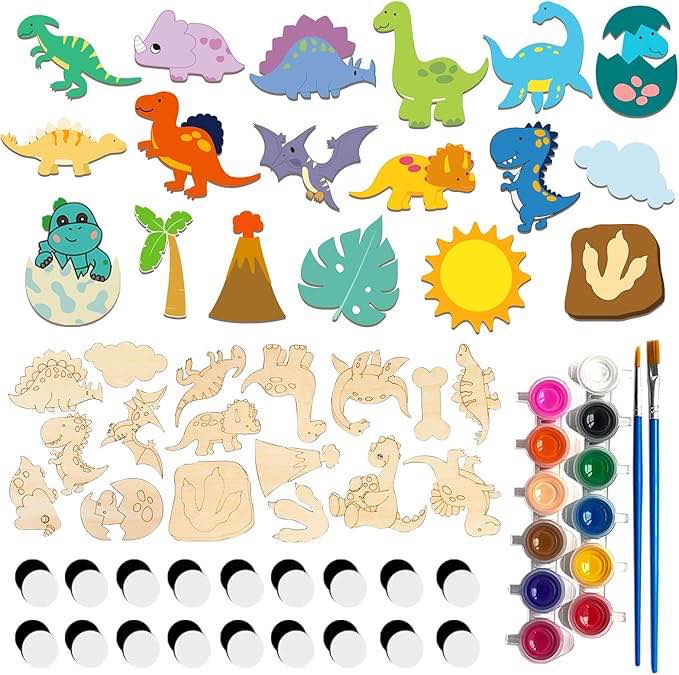 Hokinaa Dinosaur Paint Wooden Magnets - 46pcs DIY Painting Frige Magnetic Kit Paint Your Own Painting Gift for Halloween Stuffers Coloring Painting Educational Gift for Boys Girls Ages 8+