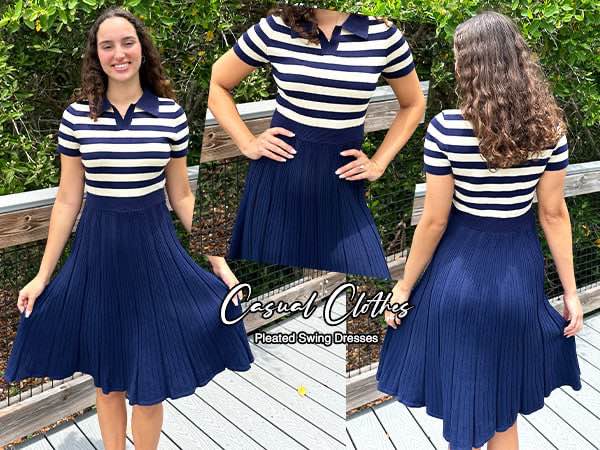 ZESICA Women's Striped Midi Dress Casual V Neck Short Sleeve Ribbed Knit Elastic High Waist Pleated Swing Dresses,Black,Large