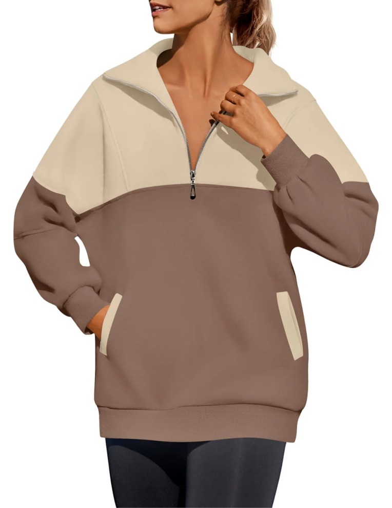 ZESICA Womens Half Zip Sweatshirts Long Sleeve Color Block Hoodies Oversized Pullover Sweater Tops Trendy Y2k Clothes,Almond,Medium