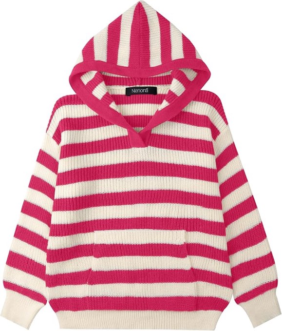 NENONA Women's Oversized Chunky Knit Hoodie — Fall Sweater Long Sleeve V-Neck Stripe Casual Jumpers with Pockets (Apricot, Small)