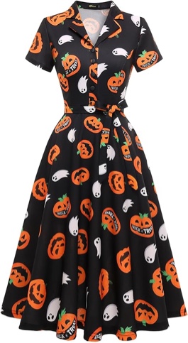 Wedtrend Women's Vintage Tea Dress: Halloween Buttoned Dress with Collar (Pumpkin and Ghost Print Pattern, Small)