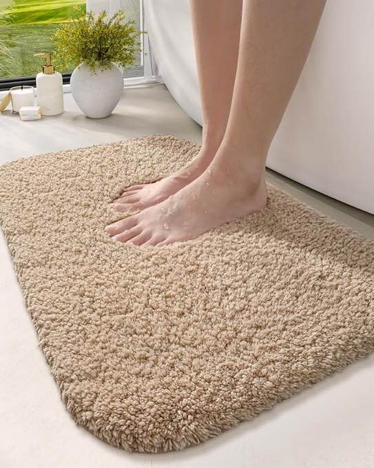 DEXI Bath Mat Rug 16x24, Memory Foam Non Slip Absorbent Ultra Soft Rugs, Washable Bathmat for Shower Floor, Tub, Sink, Bathroom Accessories Decor, Beige