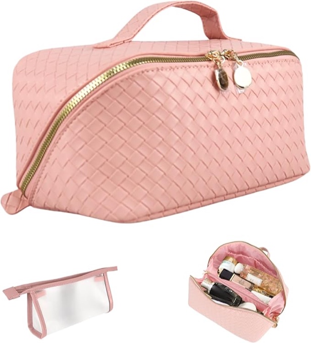 Large Capacity Travel Makeup Bag Organizer Makeup bag Set – Includes Transparent Pouch & Dust Bag PU Leather Cosmetic Bag Toiletry Bag for Women With Dividers, Handle Portable Design (Pink)