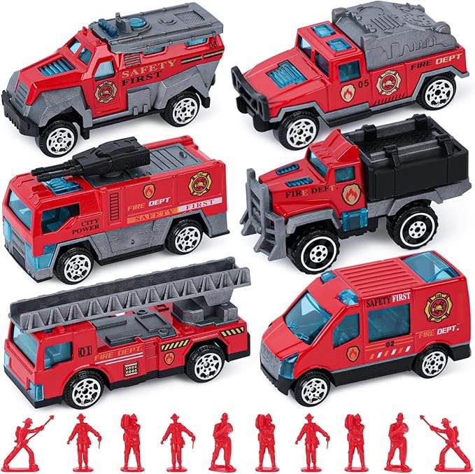 LovesTown 50PCS Fire Truck Toy Set, 6PCS Die-cast Small Rescue Emergency Vehicles Red Fire Trucks 44PCS Firemen Toy Figures for Kids Boys Birthday