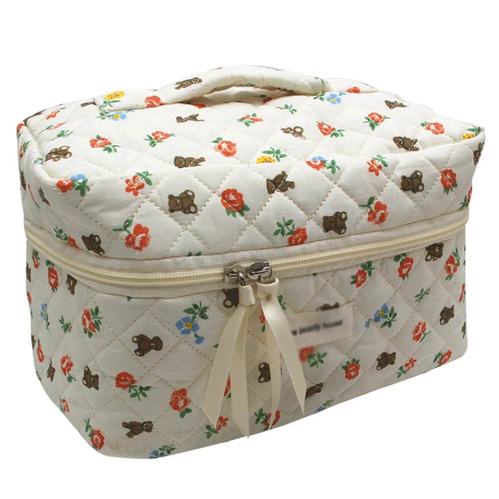 Kawaii Floral Makeup Bag Coquette Aesthetic Cosmetic Bag Large Travel Make up Organizer Cute Pouch Cotton Quilted Toiletry Bag for Women Girls Kawaii Stuff (Large) 