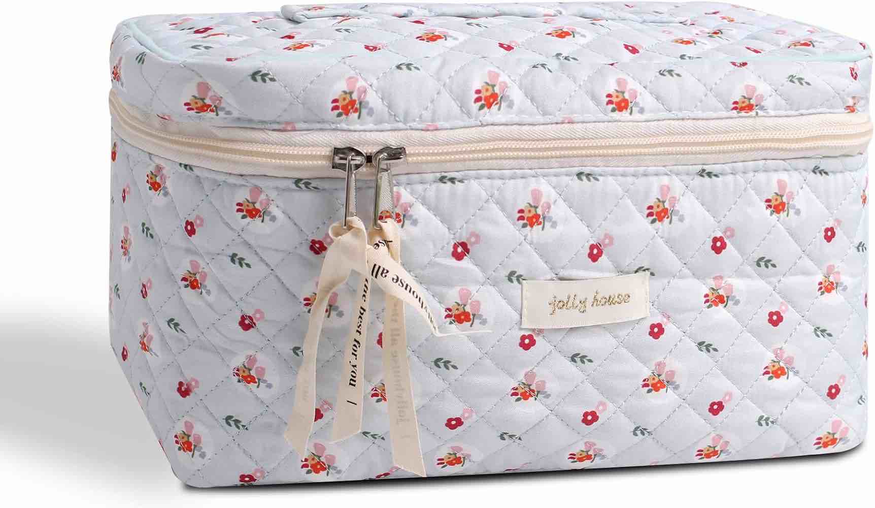Kawaii Floral Makeup Bag Coquette Aesthetic Cosmetic Bag Large Travel Make up Organizer Cute Pouch Cotton Quilted Toiletry Bag for Women Girls Kawaii Stuff (Large) 
