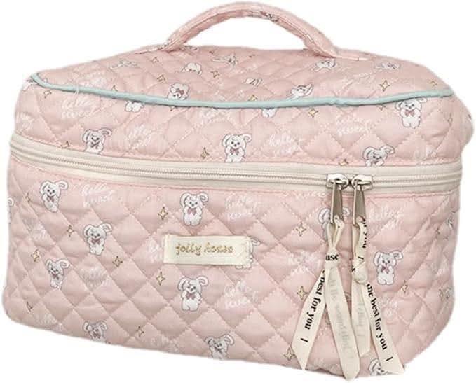Dalulu Kawaii Floral Makeup Bag Coquette Aesthetic Cosmetic Bag Large Travel Make up Organizer Cute Pouch Cotton Quilted Toiletry Bag for Women Girls Kawaii Stuff (L-Pink Rabbit)