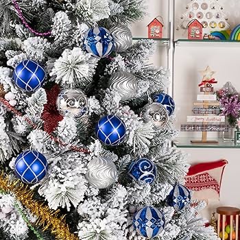 JORNOY 144 Pack Shatterproof Christmas Tree Ornaments, Plastic Xmas Hanging Ball Baubles Bulk with Lanyard, Colored Bulbs Decorations for Holiday Party Home Decor, Silver Navy Blue
