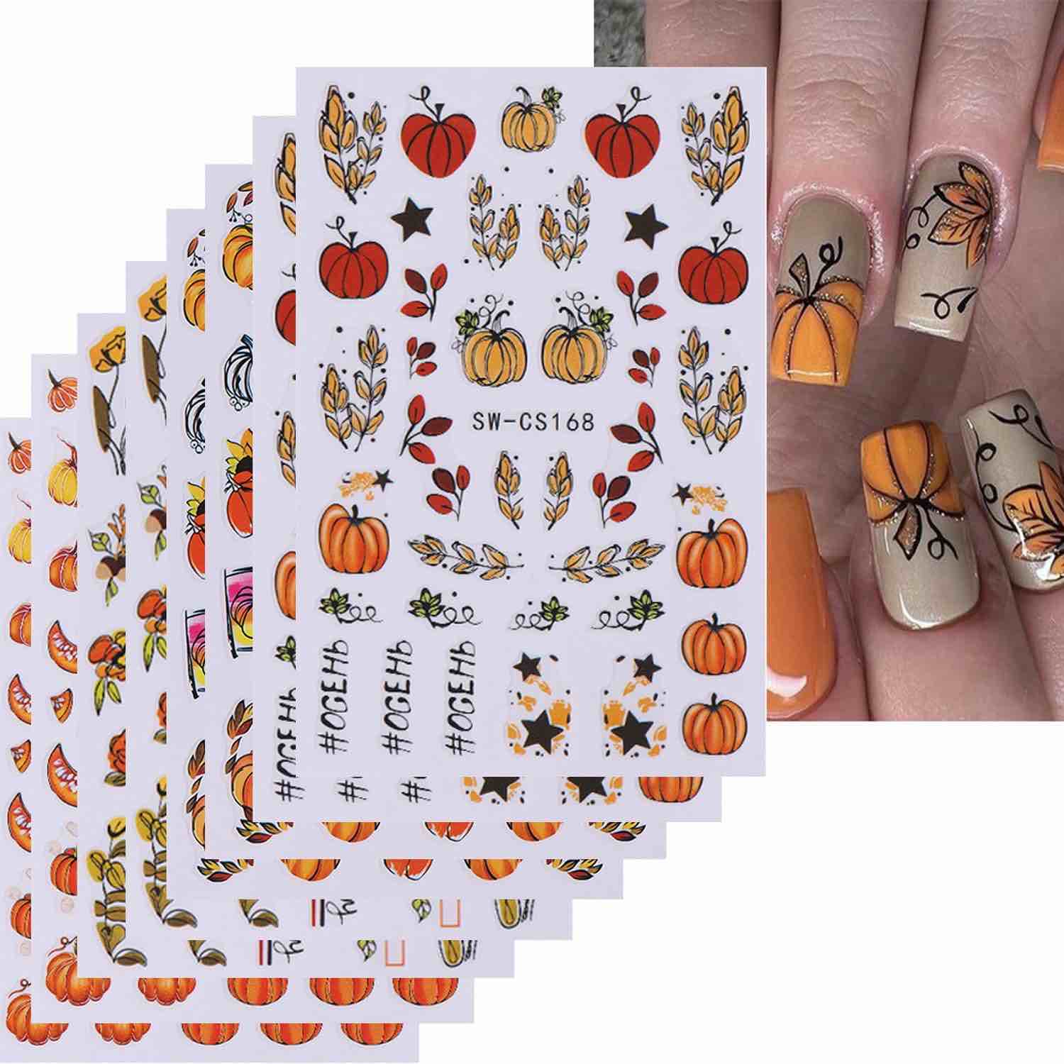 8 Sheets Thanksgiving Nail Stickers - Yellow Pumpkin Maple Leaf 3D Self-Adhesive Decals for Fall Holiday Nail Art - DIY Decorations for Women Girls