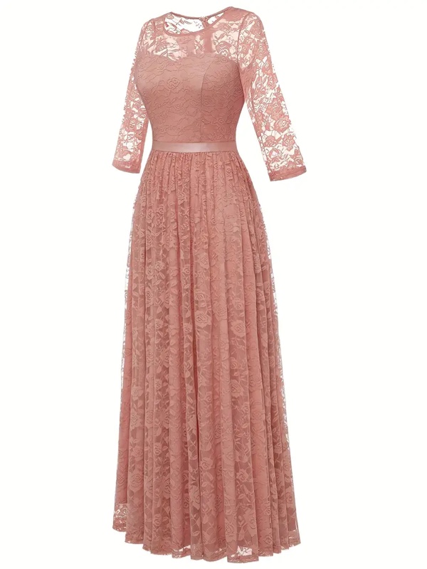 (Size M) Women's Floral Lace Dress Bridesmaid Dresses with Sheer Neckline
