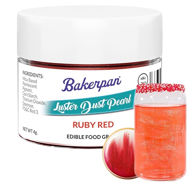 Bakerpan Pearl Luster Dust Edible, Ruby Red Edible Glitter for Cocktails, 4 Grams Edible Glitter for Cake Decorating, Cookies, Chocolates and Candies, Drinks 