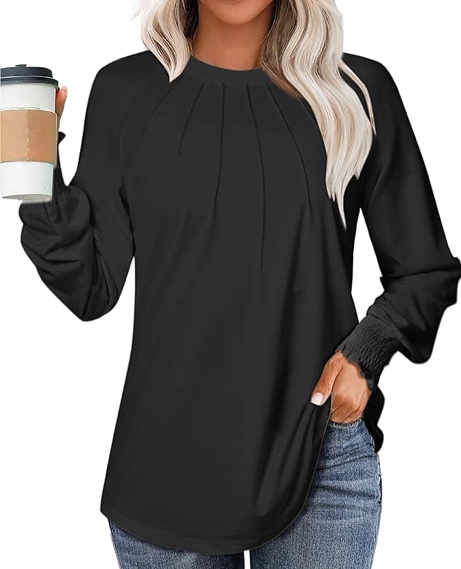UEU Womens Long Sleeve Tops Crew Neck Casual Pleated Shirts Fashion Dressy Tunic Blouses 2025 Trendy Fall Clothes (Black, 3XL)