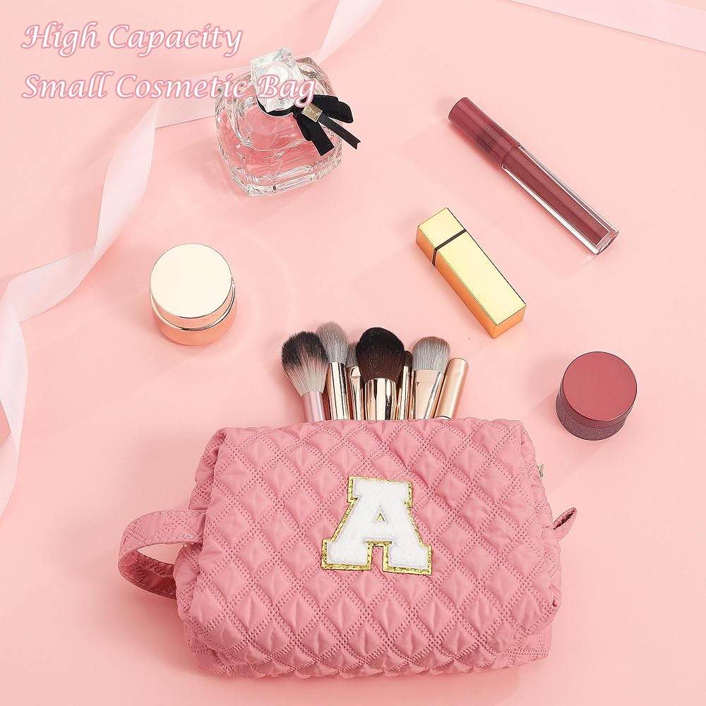 YOOLIFE Easter Gifts - Small Makeup Bag for Teen Girl Kids Gifts, Travel Cosmetic Bags for Women Teen Girls 5 6 7 8 9 10 11 12 Year Old Girl Birthday Gift for Girls Kids Daughter Sister Pink Letter A