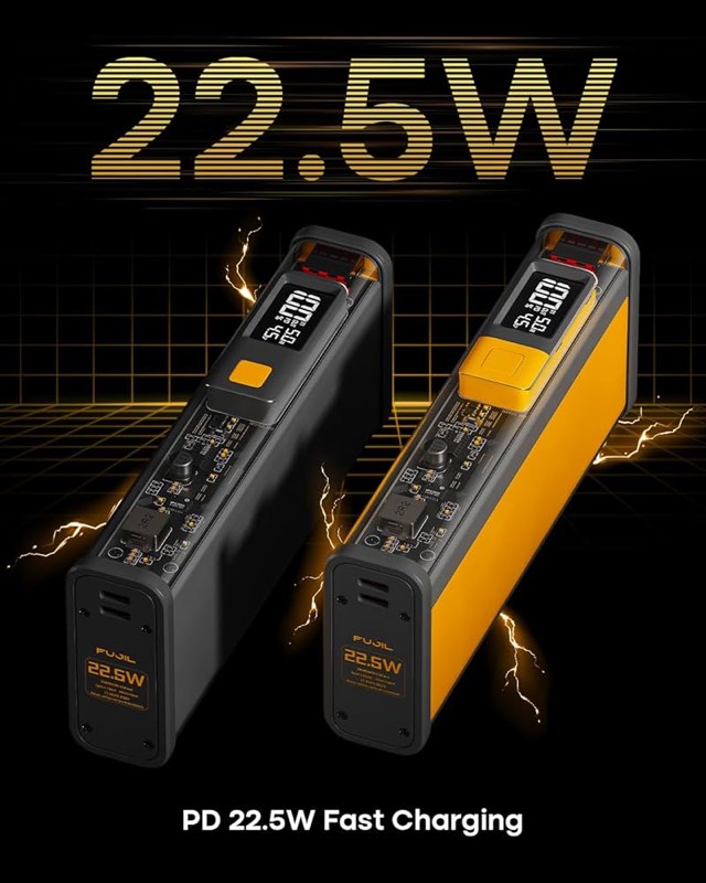 FUJIL 21700mAh 22.5W Portable Power Bank, Transparent Design, Intelligent Screen, 2 USB A, USB C Fas