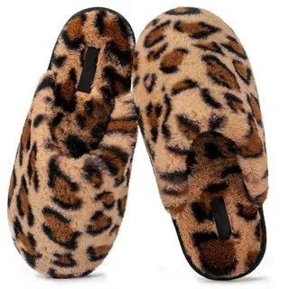 pardick leopard print slippers for women men, soft plush warm slip-on slippers with rubber sole, cozy indoor slippers, m