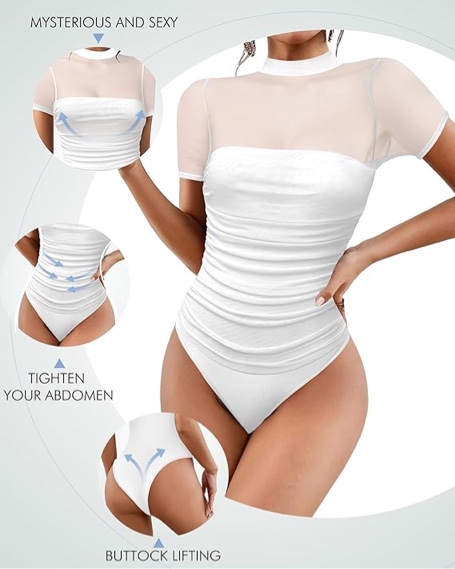 (X-Large) Kentysill Women's Mesh Sexy Mock TurtleNeck Bodysuits Short Sleeve Shirt Ruched Sheer Body suit Summer Trendy Going Out Tops White XL