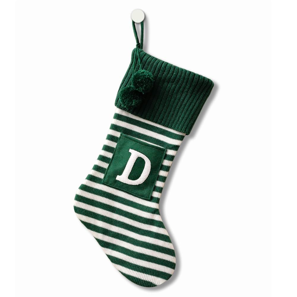 20 Inches Initial Monogram Embroidered Christmas Stocking Striped knitted Christmas Decorations Stocking Red,White, Green Letter Stockings for Family Holiday and Xmas Tree Fireplace Decor-50-D-Green