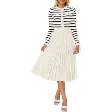 (Size L) ZESICA Women's Striped Midi Dress Casual V Neck Short Sleeve Ribbed Knit Elastic High Waist Pleated Swing Dresses,Black,Large