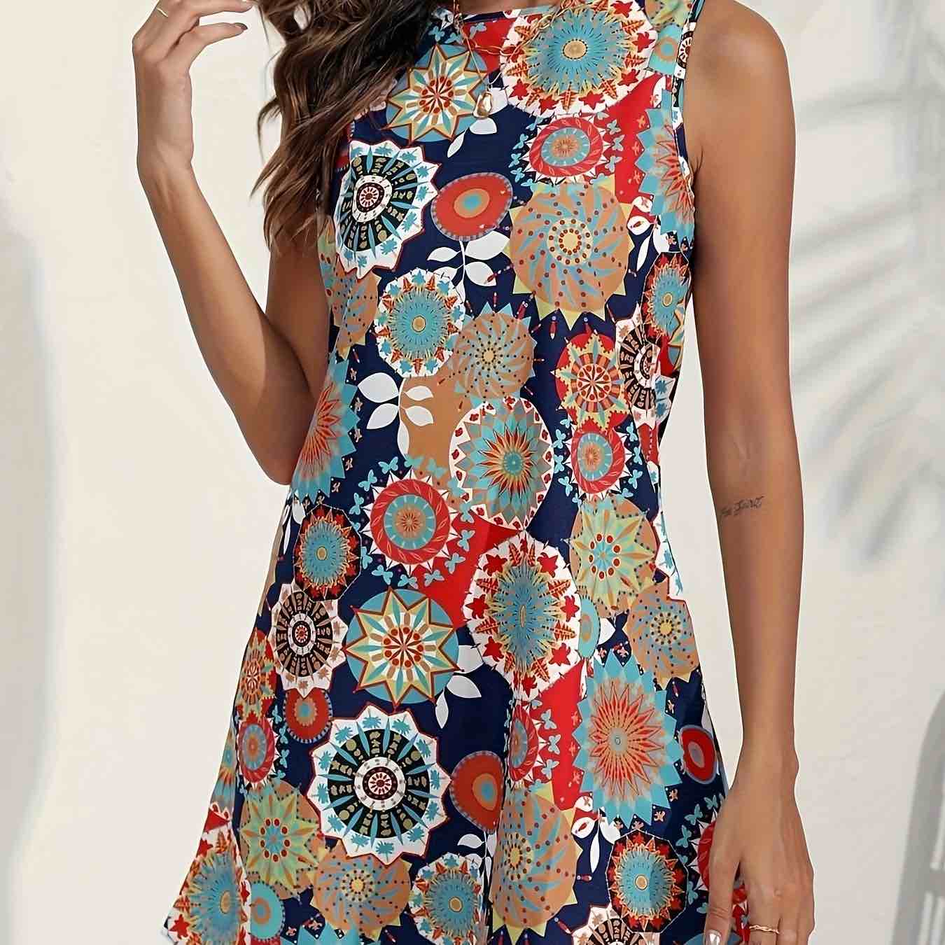 Women's Summer Casual Sleeveless Long Tunic Tops Crew Neck Floral Printed Loose T-Shirt Dress (XL)