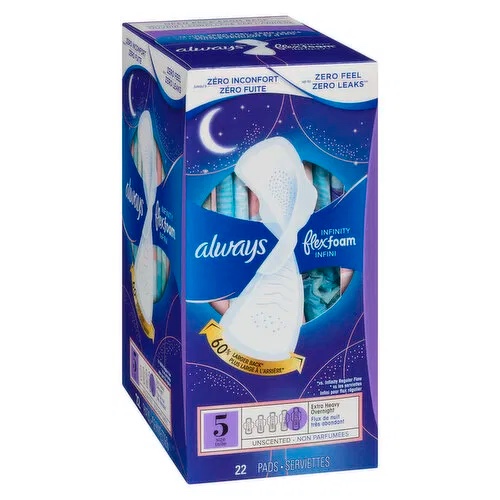  always infinity feminine pads for women, flexfoam pads with wings, size 4, overnight absorbency, unscented