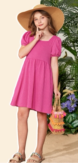 (13-14Y) Girls Summer Puff Sleeve Dresses Square Neck Loose Fit Flowy A Line Midi Dress with Pockets 5-14 Years 8 Years Dark Pink