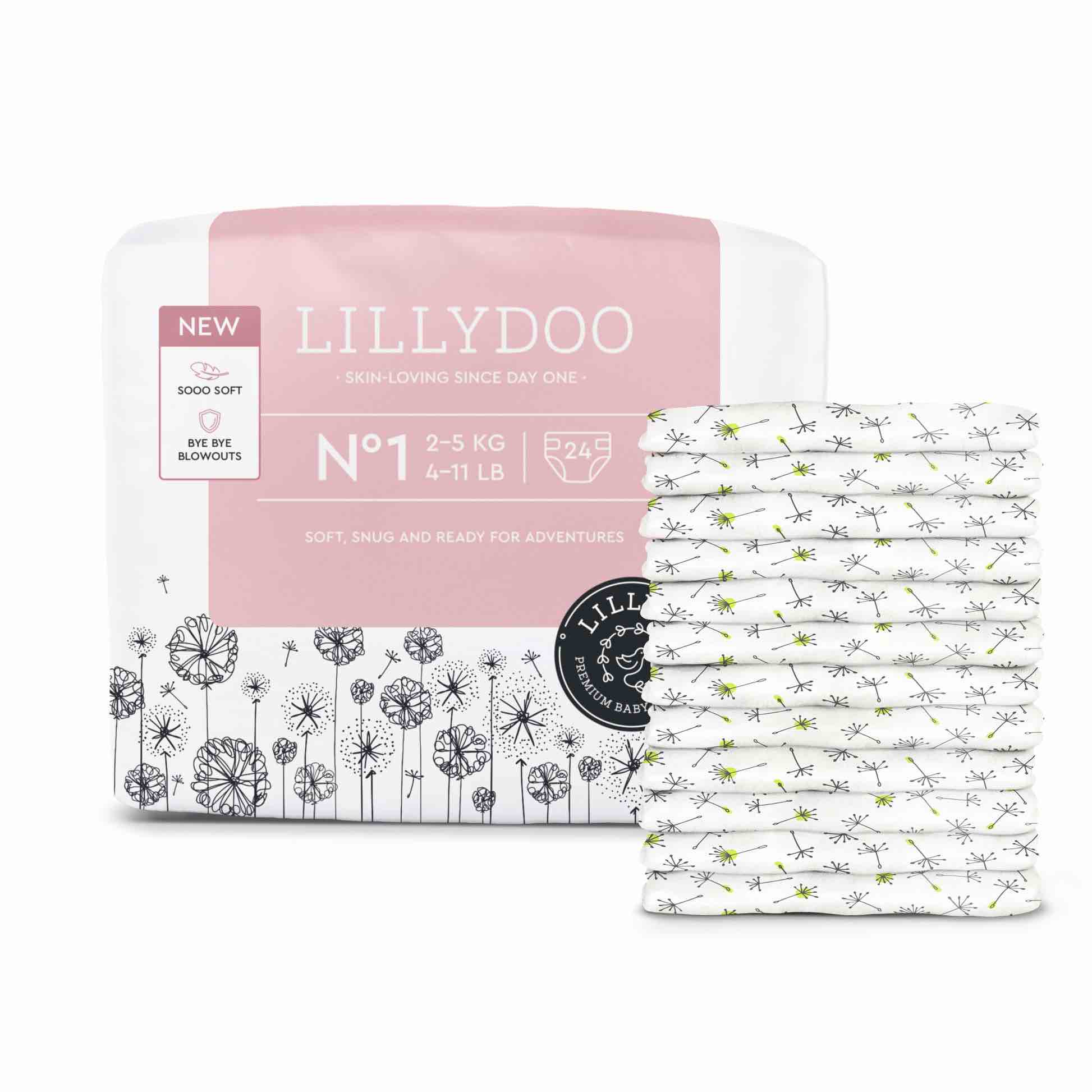 LILLYDOO Premium Diapers, Nº1 Size: 2-5 kg / 4-11 lb (24-Count, Pack of 1)