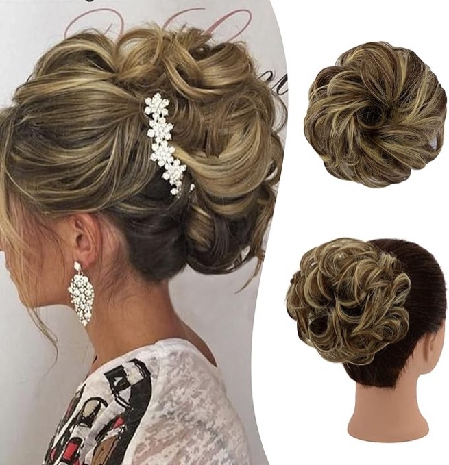 RSWETE Messy Bun Hair Piece, Instant Rose Bun Hair Scrunchie Hairpieces for Women, Wavy Curly Hair Pieces Chignon Ponytail Hair Extensions Updo Hairpiece Wiglet Bun (86H10# Blonde & Medium Brown)