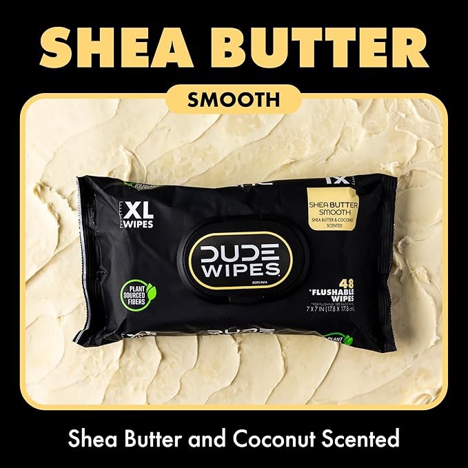 DUDE Wipes - Flushable Wipes - Shea BUTTer Smooth Extra-Large Adult Wet Wipes - Vitamin-E & Aloe - Septic and Sewer Safe