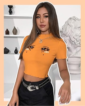 (Small) malianna Women Eyes Embroidery T-Shirts Harajuku Kawaii Short Sleeve Crop Tees 