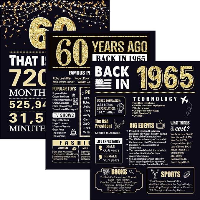 60th Birthday Gifts for Men 1965 Birthday Decorations 3 Pieces 11 x 14 Back in 1965 Posters 60 Years Ago Party Decorations Supplies Large Sign Home Decor for Men and Women