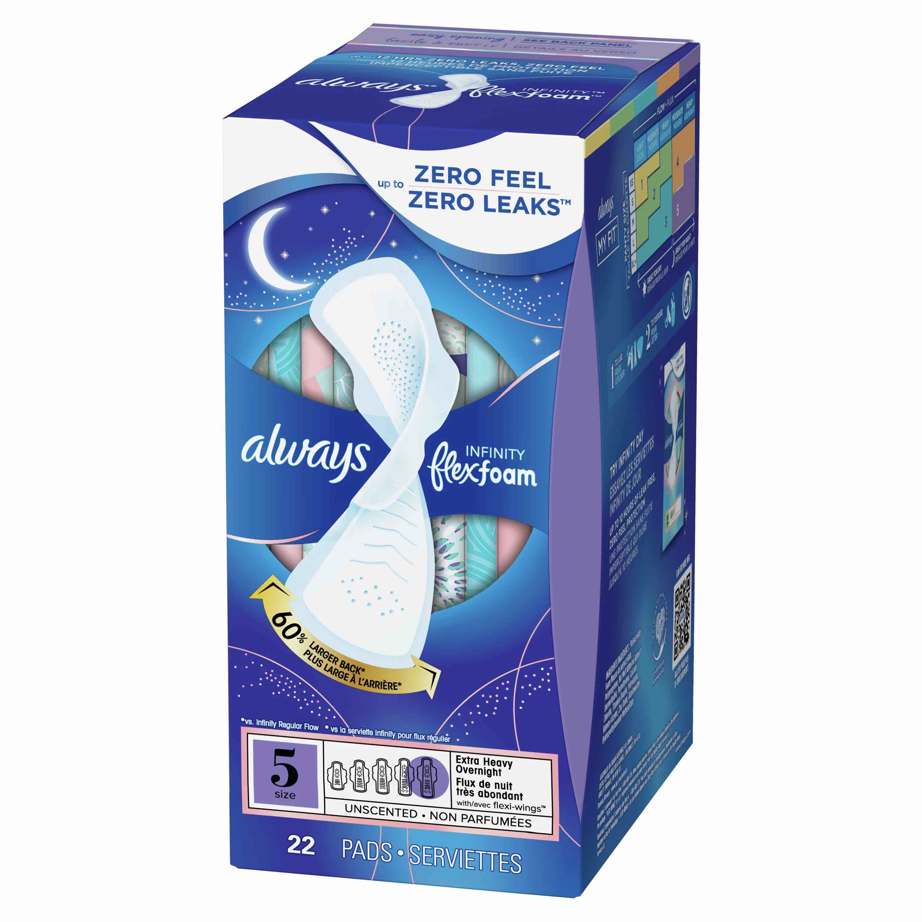 always infinity feminine pads for women, flexfoam pads with wings, size 5, extra heavy overnight absorbency, unscented , 22 pads