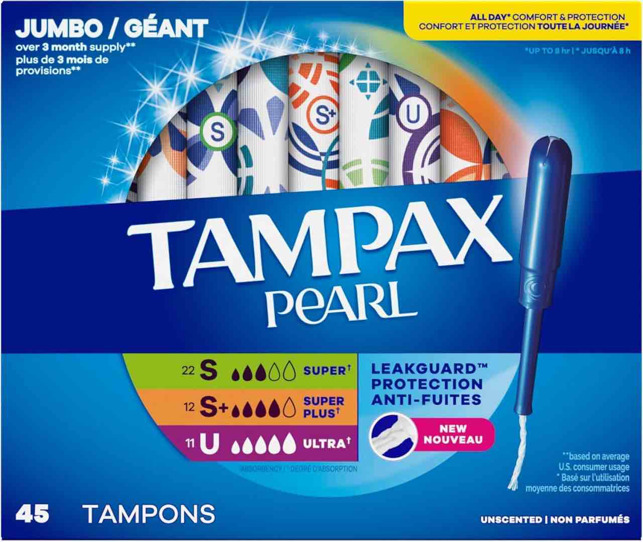 Tampax Pearl Braided LeakGuard Tampons, Super Plus/Ultra Absorbency, Up to 100% Leak-Free & Odor-Free Protection, Unscented, 45 Count