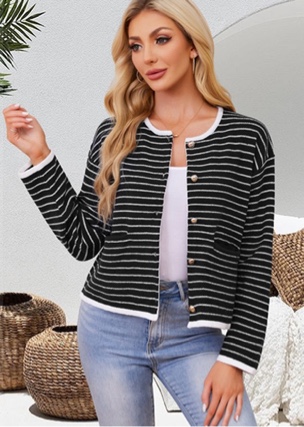 Women's Cardigan Sweaters Striped Sweater Jacket with Pockets Button Down 2024 Fall Knit Casual Coat Cropped Outwear Beige & Caramel Strip Small