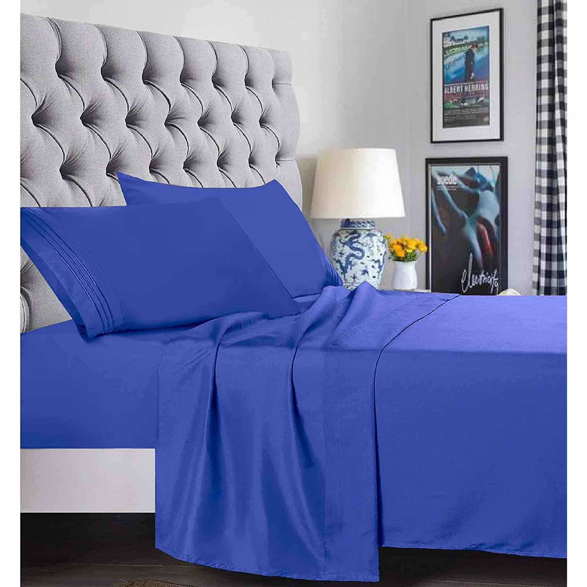 Easy Care Luxury Microfiber Extra Soft and Cooling Bed Sheet Set with Deep Pockets (Blue, King, Set of 4)