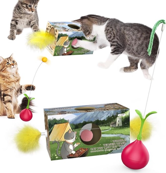 Cat Toys for Indoor Cats Interactive Bored Kitten Wobble Teaser Wand Feather Toy Kitty Birthday Gift to Keep Them Busy
