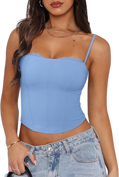 PINKMSTYLE Womens Lace Bustier Corset Tops Spaghetti Strap Tank Tops Y2K Date Night Outfits