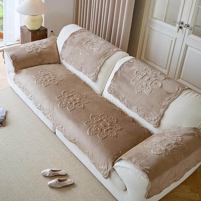 Huierxun Luxury Velvet Couch Cover for 3 Cushion Couch Embossed Sofa Cover for Dogs Anti-Slip Sectional Couch Cover Washable Furniture Protector for Pet Cat (Khaki,36"x98")