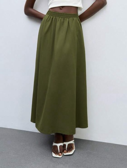 Witsmile Flowy Skirts Trendy High Waisted Midi Skirt for Women Casual Knee Length Skirts with Pockets(Olive Brown,M)