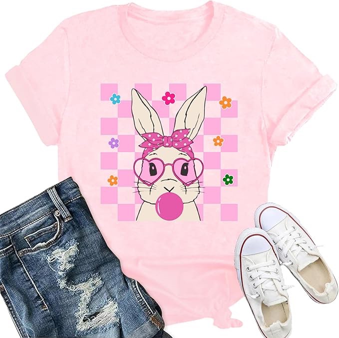 IFQ Easter Bunny Shirts for Women Happy Easter T-Shirt Cute Leopard Rabbit Face Tshirt - Large