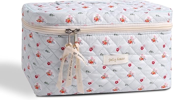 kawaii floral makeup bag coquette aesthetic cosmetic bag large travel make up organizer cute pouch cotton quilted toiletry bag for women girls kawaii stuff
