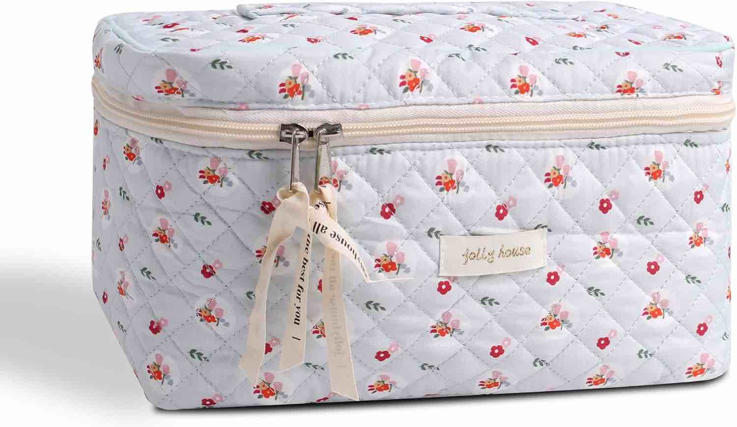 kawaii floral makeup bag coquette aesthetic cosmetic bag large travel make up organizer cute pouch cotton quilted toiletry bag for women girls kawaii stuff (l - blue - color match)