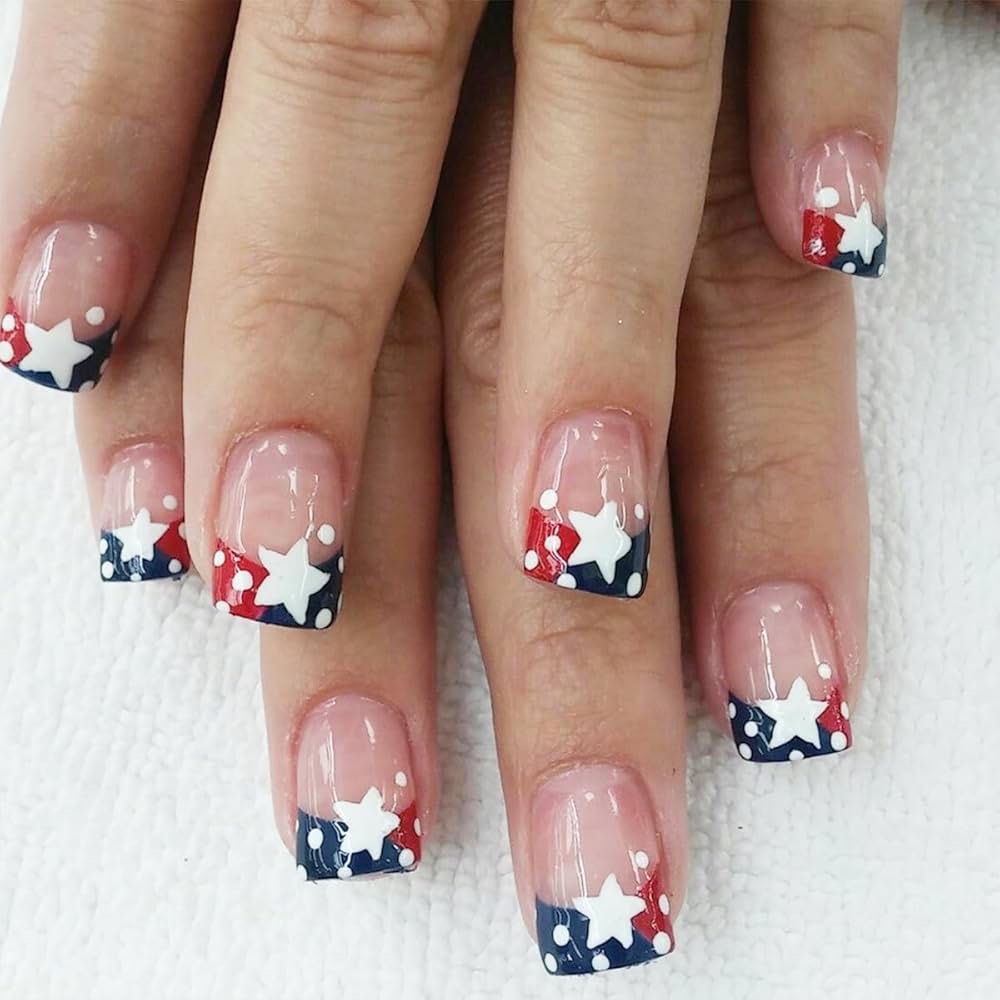 short press on nails french tip square 4th of july fake nails with star spot design red white blue false nails short square independence day nails press ons acrylic glue stick on nails for women girls