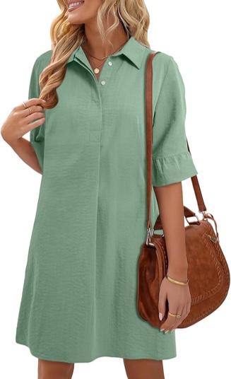 (Size XL) HUHOT Womens Casual Shirt Dress Business Work Ruffle Sleeve Button Down Solid Color Summer Dress with Pockets