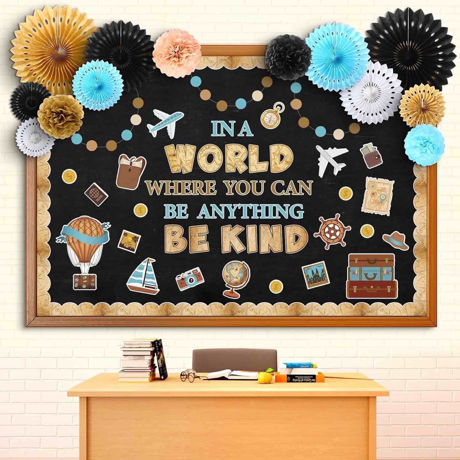 Pasimy 3D Travel Bulletin Board Set Adventure Explore Motivational Classroom Decor with Pompoms Pape