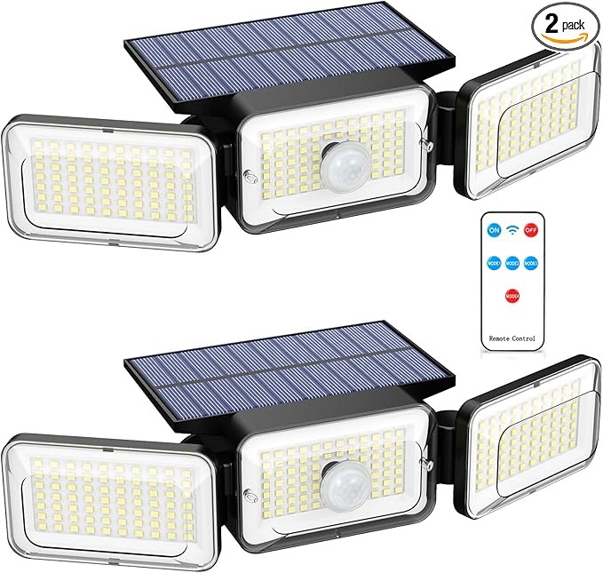 Mokot Solar Lights Outdoor, 218LED 2500LM Solar Motion Sensor Outdoor Lights, 3 Head IP65 Waterproof